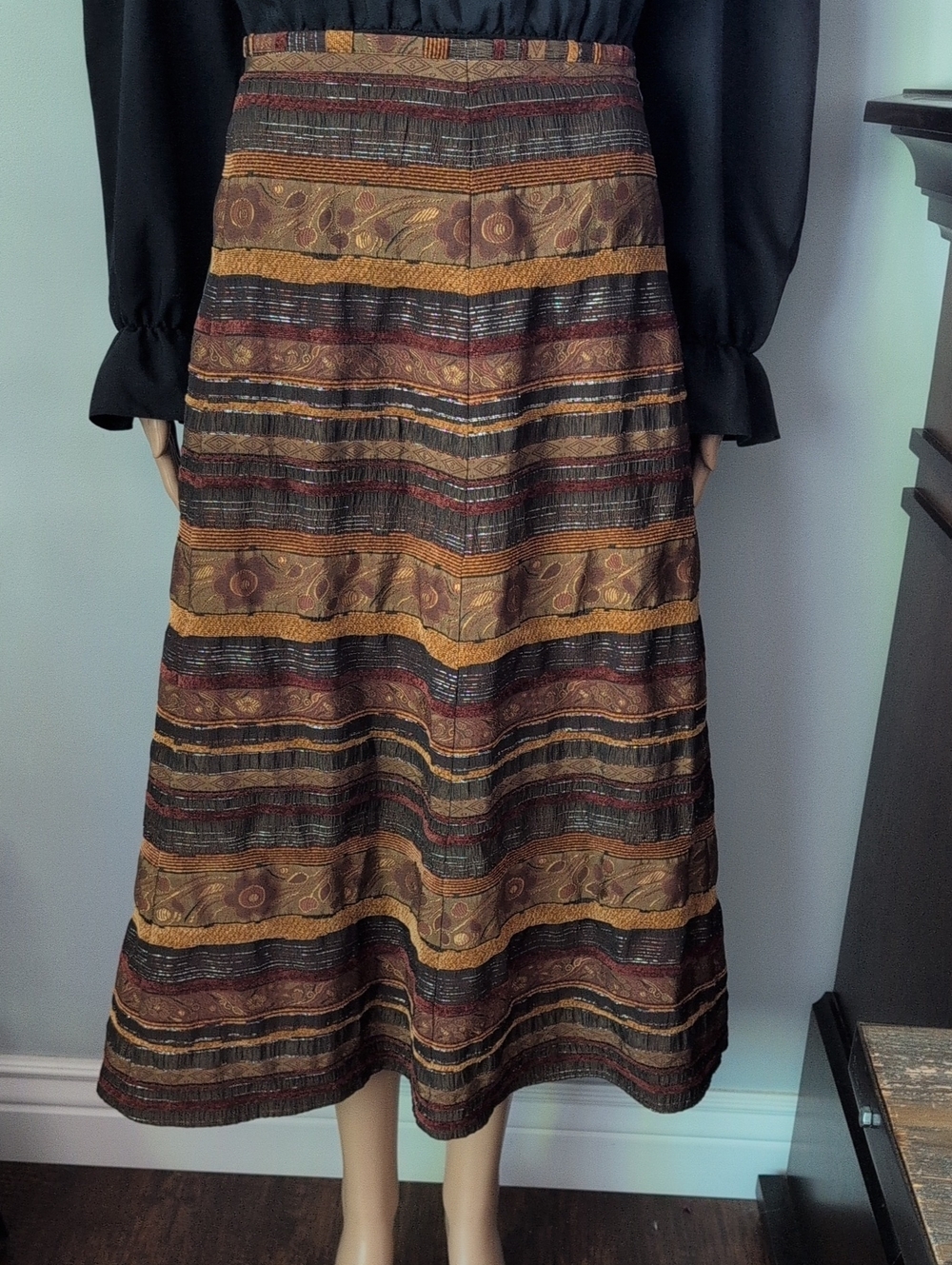Gilani Vintage Boho Woven Midi Skirt Floral Stripe Earth Tones A-Line Size 18 - Picture 3 of 14